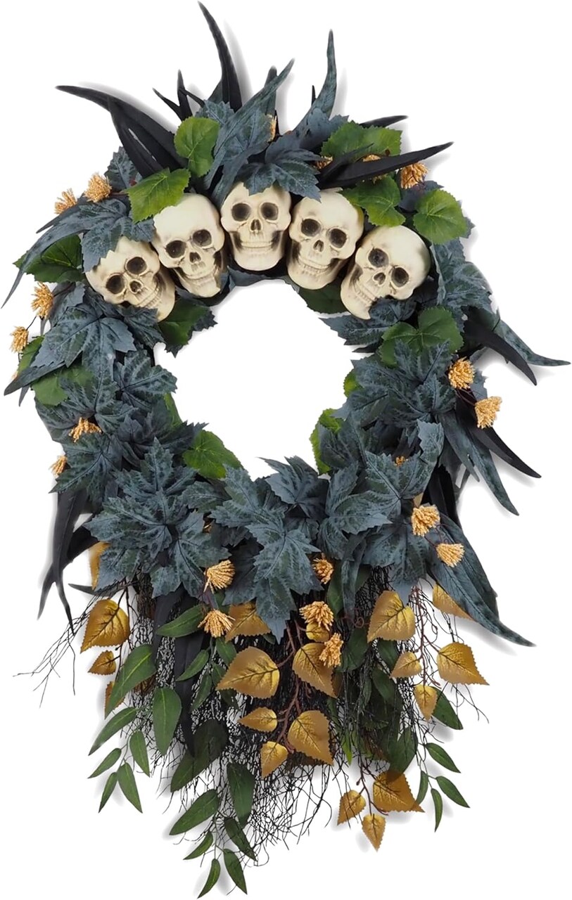 24 inch Halloween Wreath for Front Door, Large Artificial Skulls Maple Leaves Outdoor Wreath Decor, Scary Creepy Halloween Decorations for Front Door and Wall